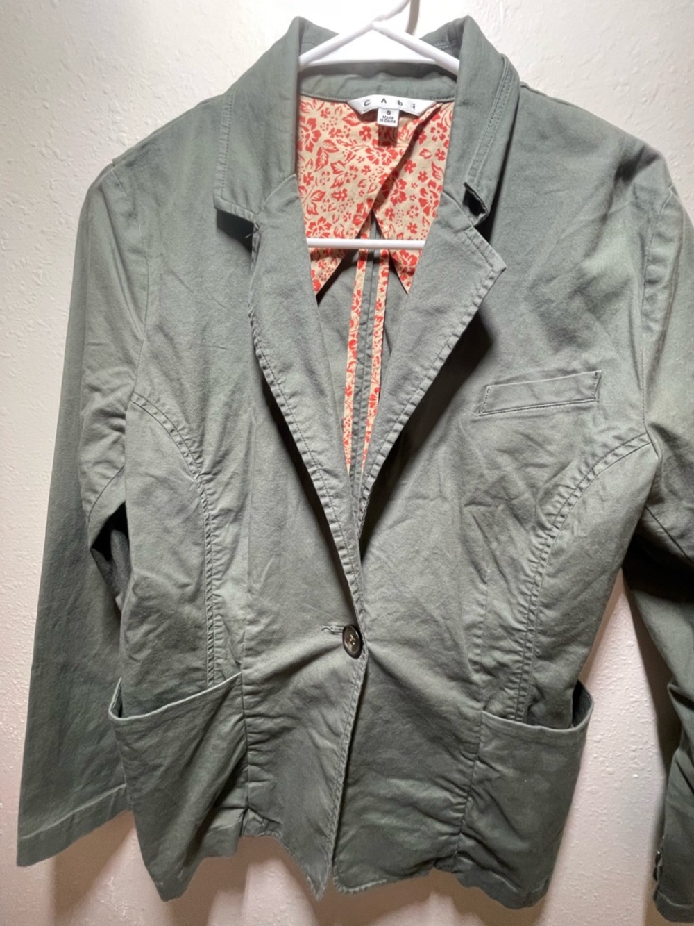 Sz S CAbi Military Green Blazer Jacket Cotton Stretch One Button Career Utility
